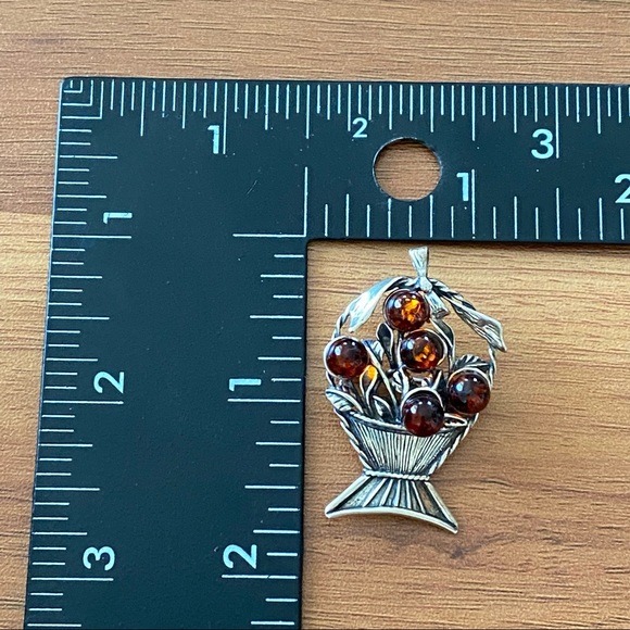 Vintage Sterling Silver Amber Miniature Fruit Basket Pin Brooch Pendant - Picture 11 of 12
